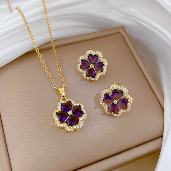 Copper Minimalist Plating Inlay Rhombus Bow Knot Zircon Jewellery Set (Necklace & Earrings)  Set Code: D553